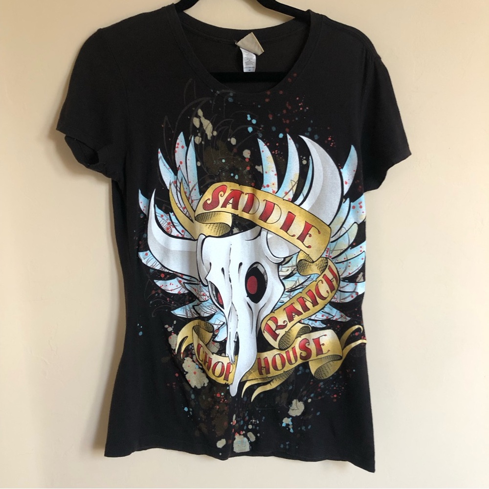 Saddle Ranch Chop House Skull Glitter Tattoo Graphic Tee Black Short Sleeve M